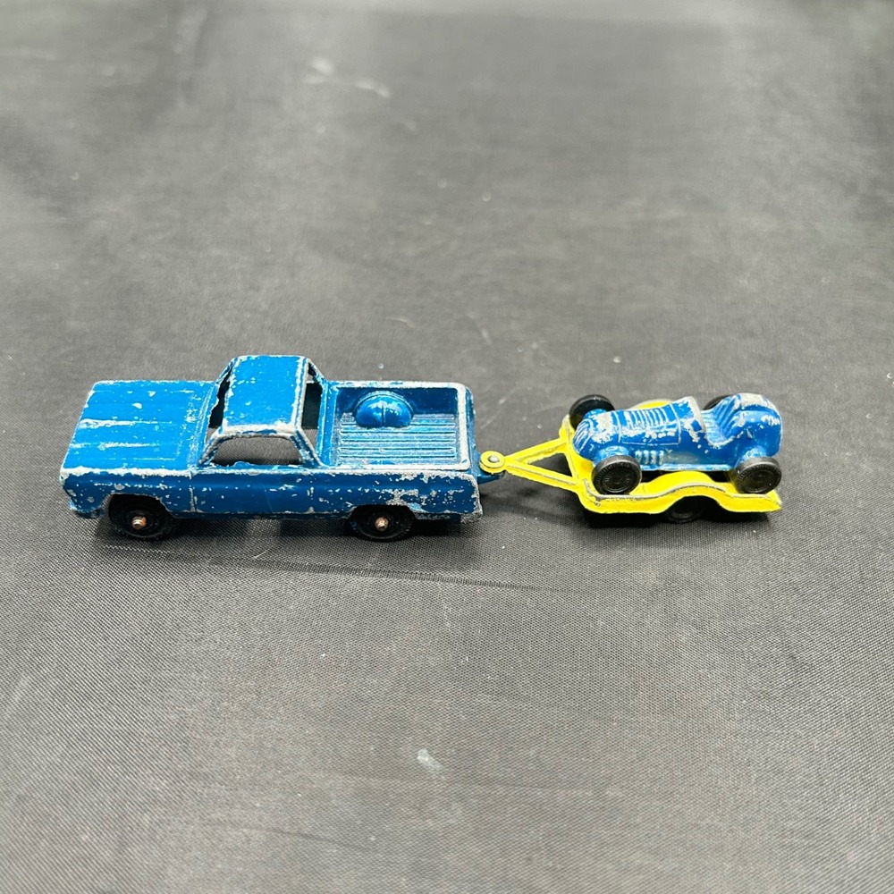 Vintage Tootsietoy Blue El Camino Truck with Race Car & Trailer 60s Diecast